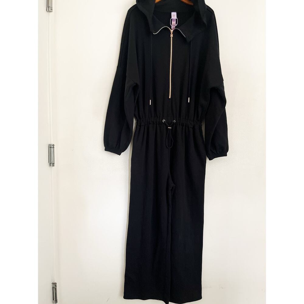 Savage X Fenty Jumpsuit Womens XS Black Fleece Hooded Zip Front Drawstring Waist